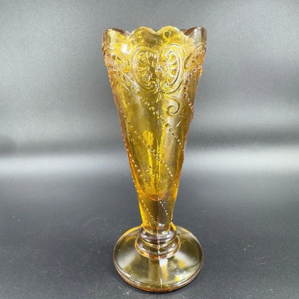 Vintage Mid Century Amber Glass Bud Vase Beaded Wavy Edges Glass‎ Vase VTG Decor